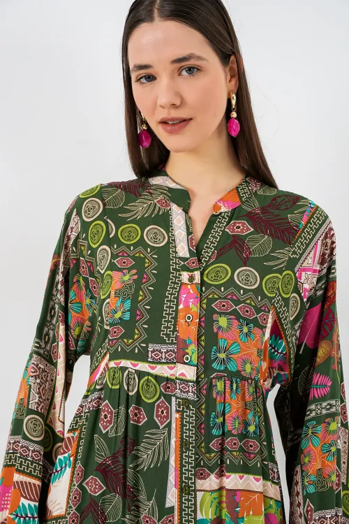 Kadın Desenli Uzun Tesettür Elbise 2585 - Koyu Yeşill