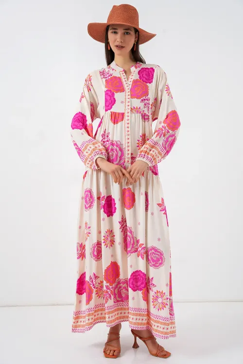 Kadın Desenli Uzun Tesettür Elbise 2585 - L. Fuşya