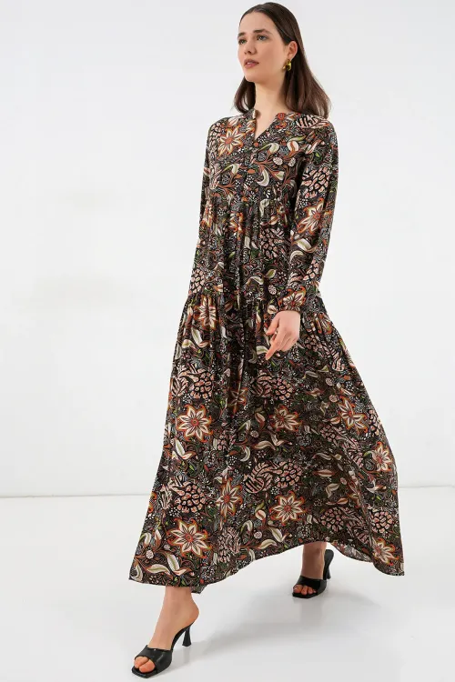 Kadın Desenli Uzun Tesettür Elbise 2585 - L. Siyah