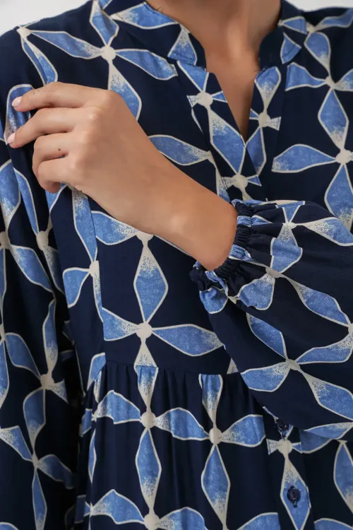 Kadın Desenli Uzun Tesettür Elbise 2585 - M. Lacivert