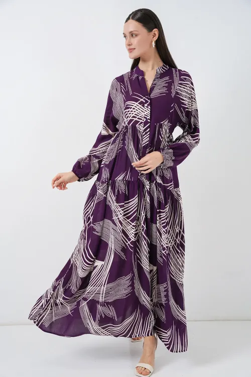 Kadın Desenli Uzun Tesettür Elbise 2585 - Mor