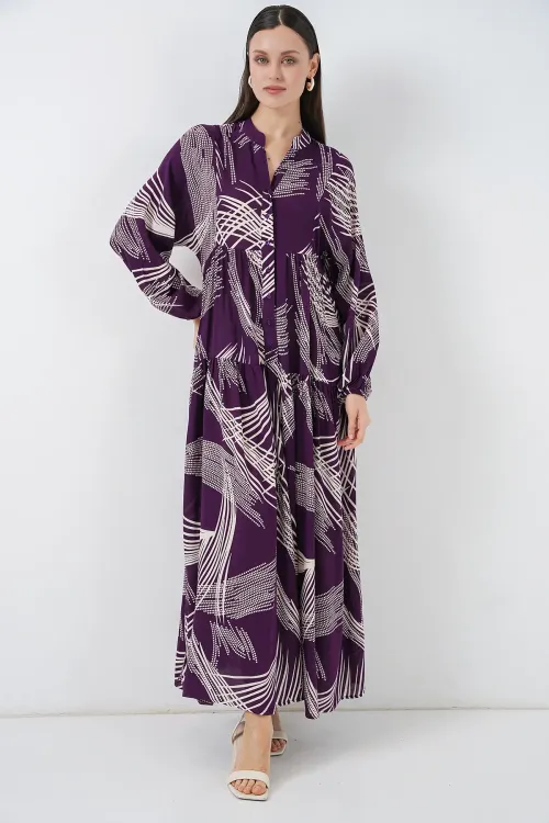 Kadın Desenli Uzun Tesettür Elbise 2585 - Mor