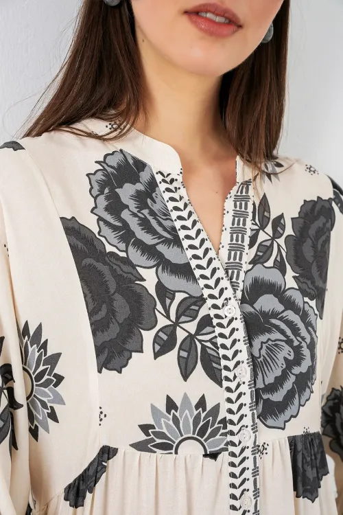 Kadın Desenli Uzun Tesettür Elbise 2585 - T. Ekru