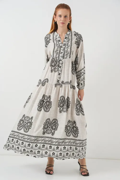 Kadın Desenli Uzun Tesettür Elbise 2585 - Taş