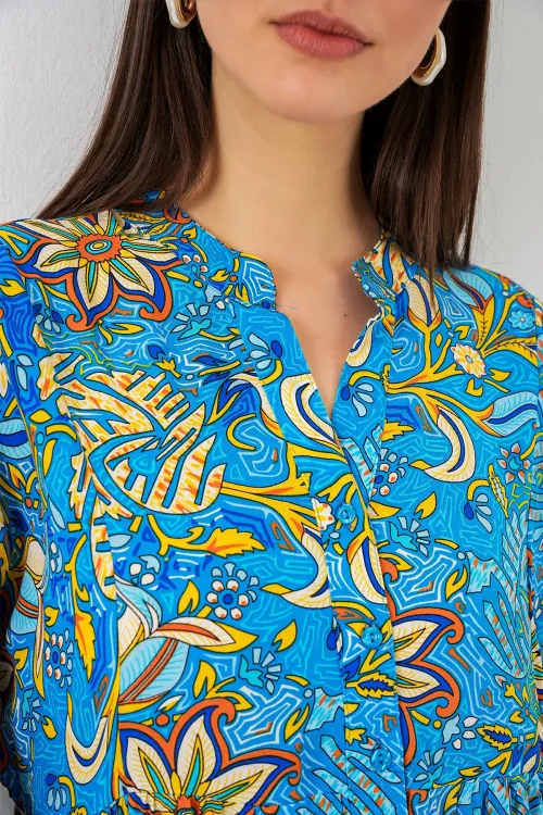 Kadın Desenli Uzun Tesettür Elbise 2585 - Turkuaz