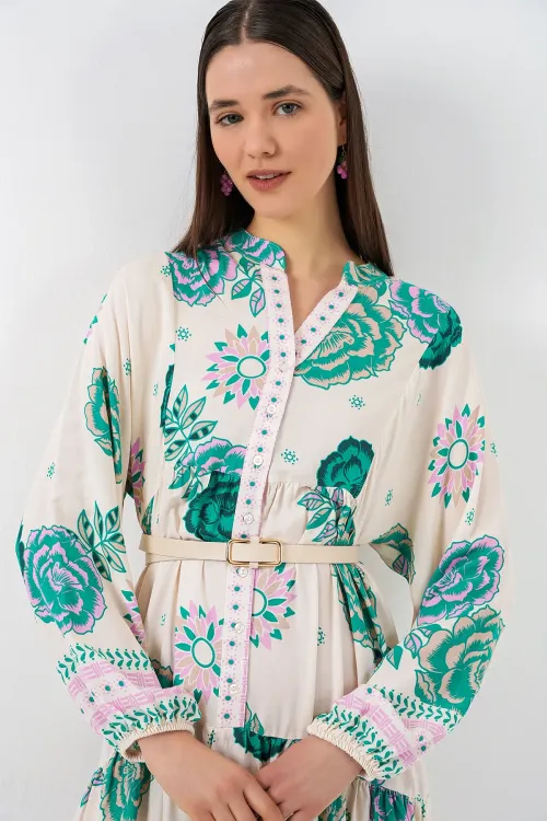 Kadın Desenli Uzun Tesettür Elbise 2585 - Yeşil 1