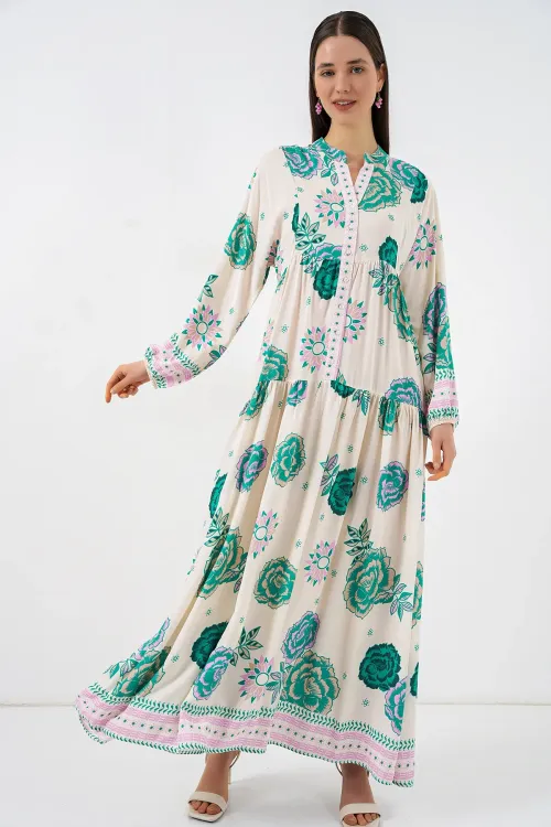 Kadın Desenli Uzun Tesettür Elbise 2585 - Yeşil 1