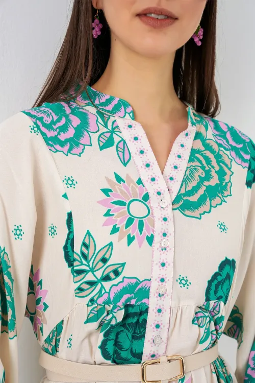 Kadın Desenli Uzun Tesettür Elbise 2585 - Yeşil 1