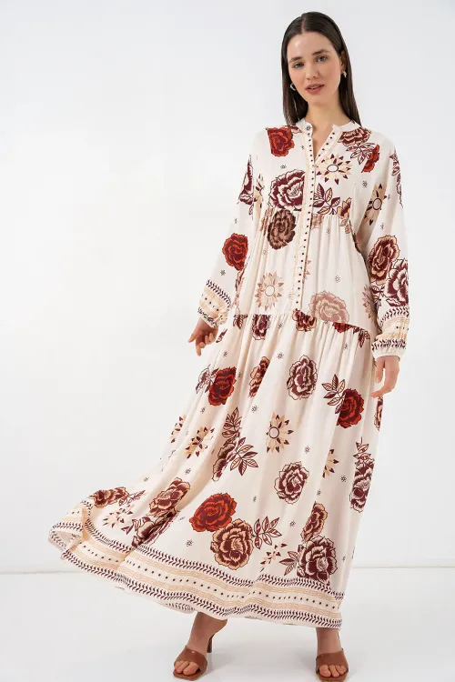 Kadın Desenli Uzun Tesettür Elbise 2585 - Z.Bej