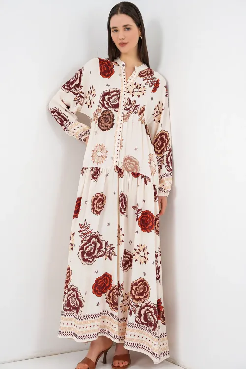 Kadın Desenli Uzun Tesettür Elbise 2585 - Z.Bej