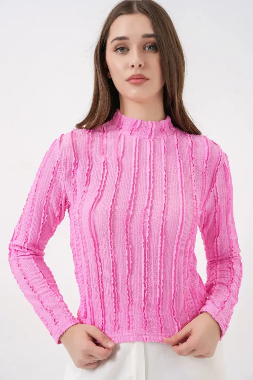 Kadın Dokulu Esnek Örme Bluz 975 - Pembe