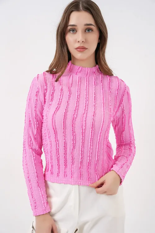 Kadın Dokulu Esnek Örme Bluz 975 - Pembe