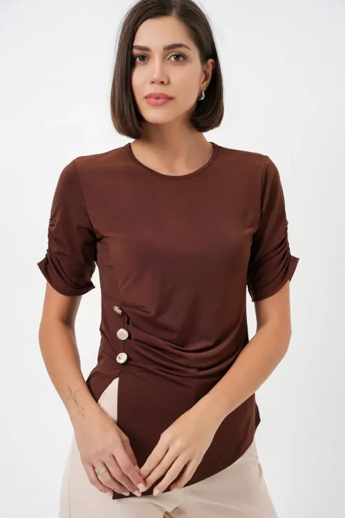 Kadın Düğme Detaylı Sandy Bluz 992 - Kahverengi