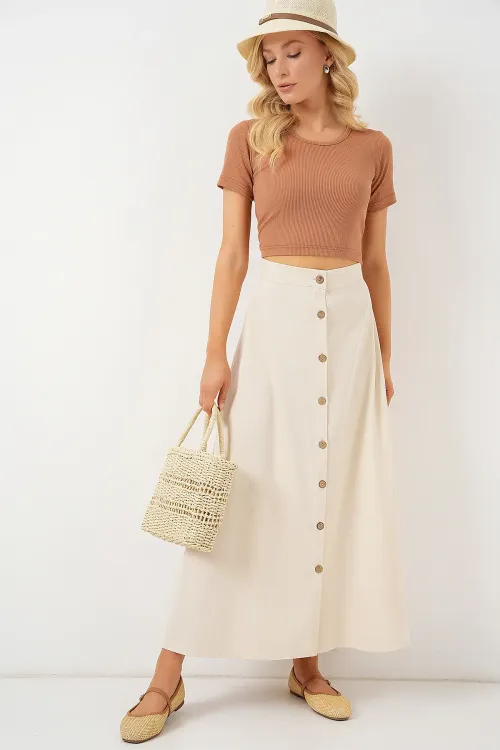 Kadın Düğmeli Keten Uzun Etek 8046 - Krem