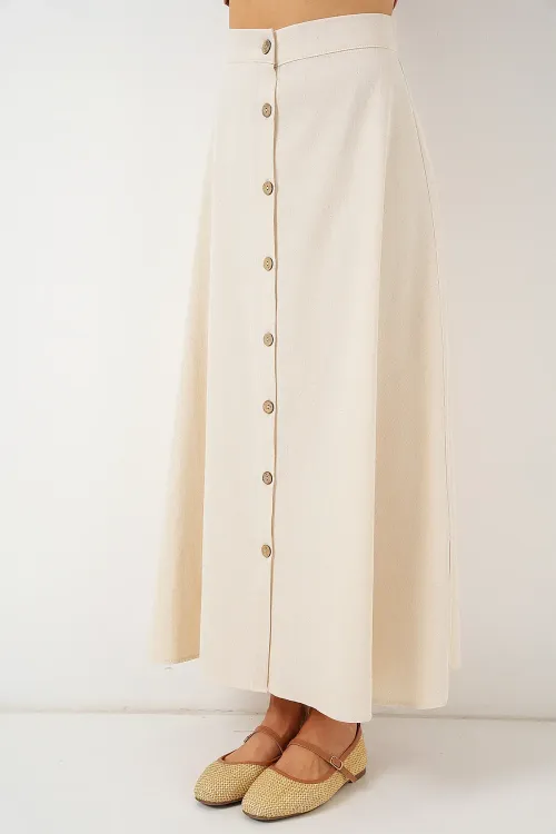 Kadın Düğmeli Keten Uzun Etek 8046 - Krem