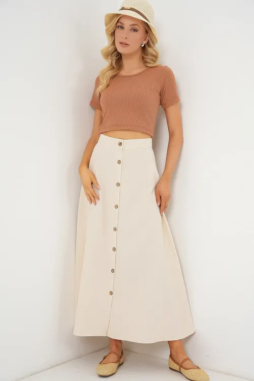Kadın Düğmeli Keten Uzun Etek 8046 - Krem