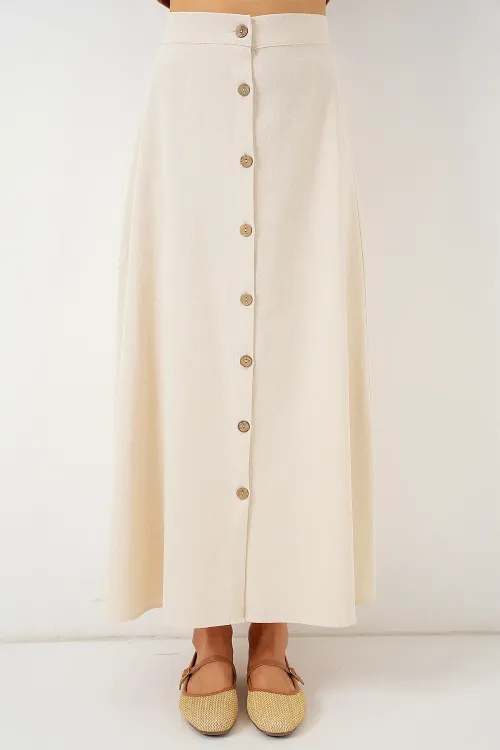 Kadın Düğmeli Keten Uzun Etek 8046 - Krem