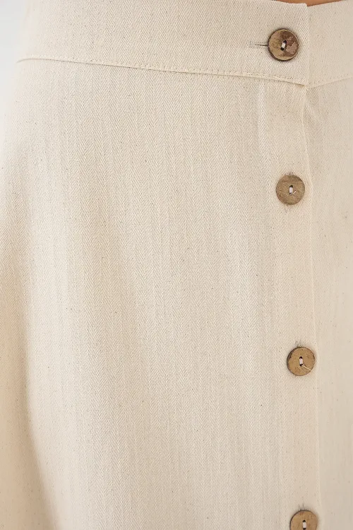 Kadın Düğmeli Keten Uzun Etek 8046 - Krem