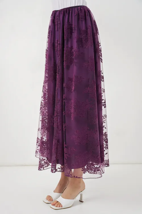 Kadın Flok Baskılı Uzun Tül Etek 8070 - Mor