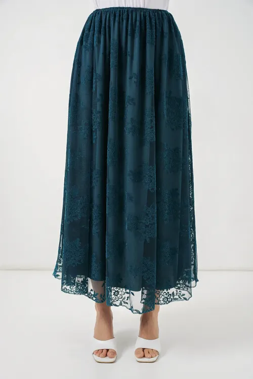 Kadın Flok Baskılı Uzun Tül Etek 8070 - Petrol