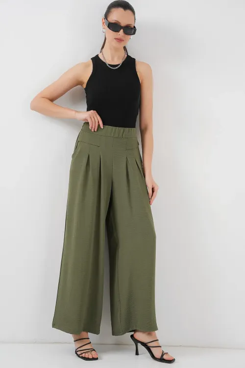 Kadın Geniş Paça Pileli Pantolon 6718 - Haki