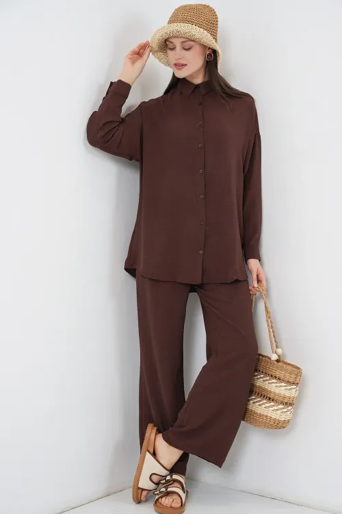 Kadın Gömlek Pantolon İkili Takım 30063 - Kahverengi