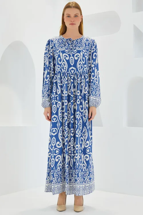 Kadın İndigo Ekru Desenli Uzun Viskon Elbise 1947