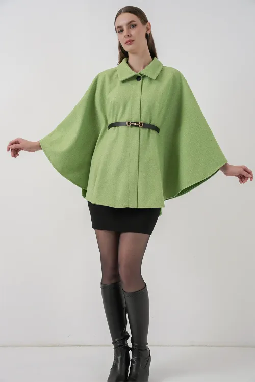 Kadın Kemerli Kaşe Panço 9170 - E.Yeşil