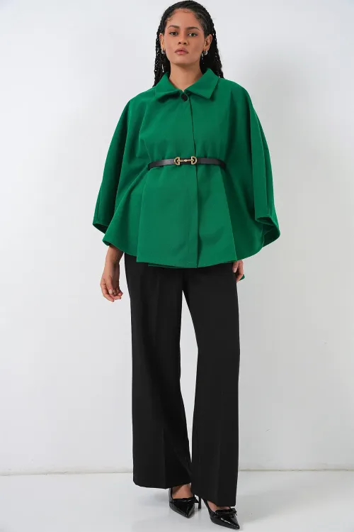 Kadın Kemerli Kaşe Panço 9170 - Koyu Yeşil