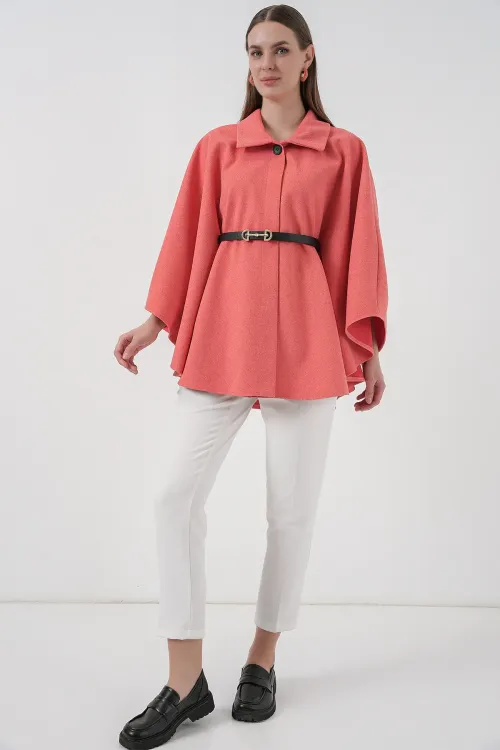 Kadın Kemerli Kaşe Panço 9170 - Somon