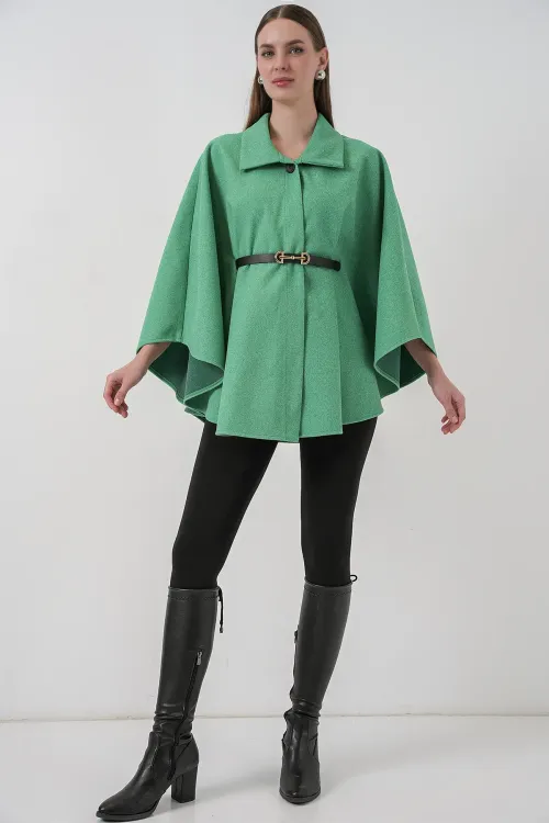 Kadın Kemerli Kaşe Panço 9170 - Yeşil