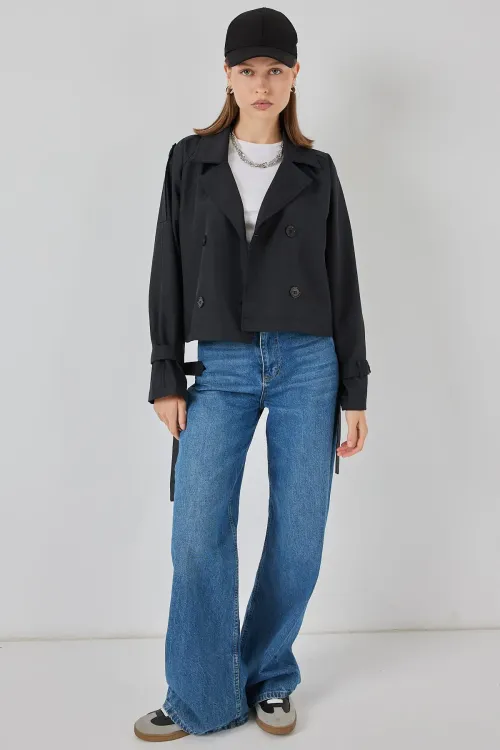 Kadın Kemerli Kısa Trençkot 5970 - Siyah