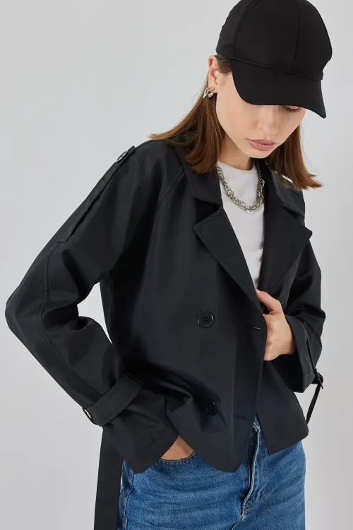 Kadın Kemerli Kısa Trençkot 5970 - Siyah