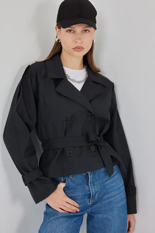 Kadın Kemerli Kısa Trençkot 5970 - Siyah