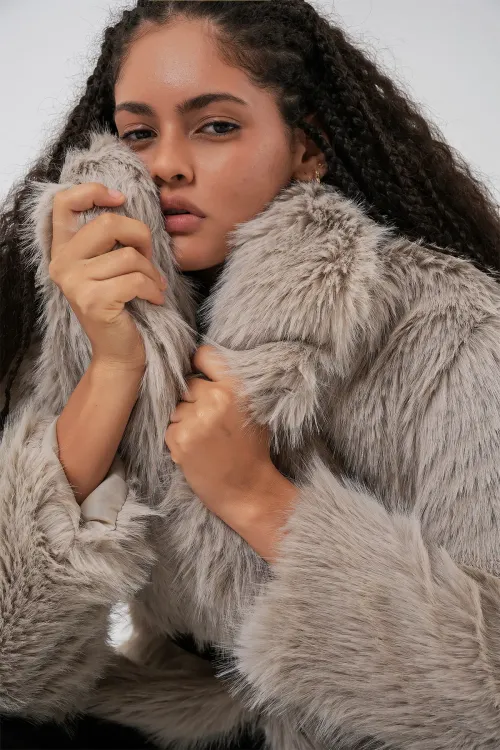 Kadın Kemerli Oversize Kürklü Kaban 9156 - Taş