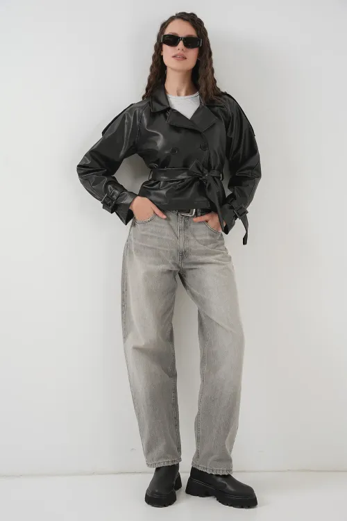 Kadın Kemerli Suni Deri Ceket 1046 - Siyah