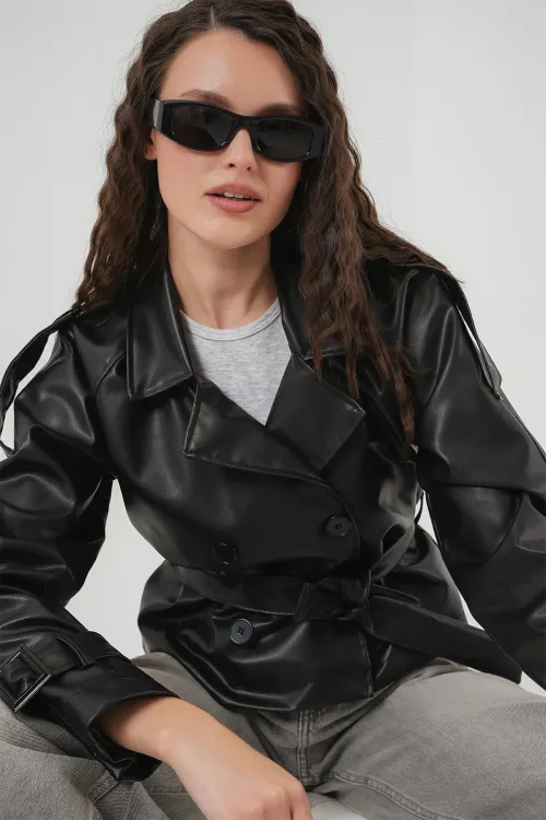 Kadın Kemerli Suni Deri Ceket 1046 - Siyah