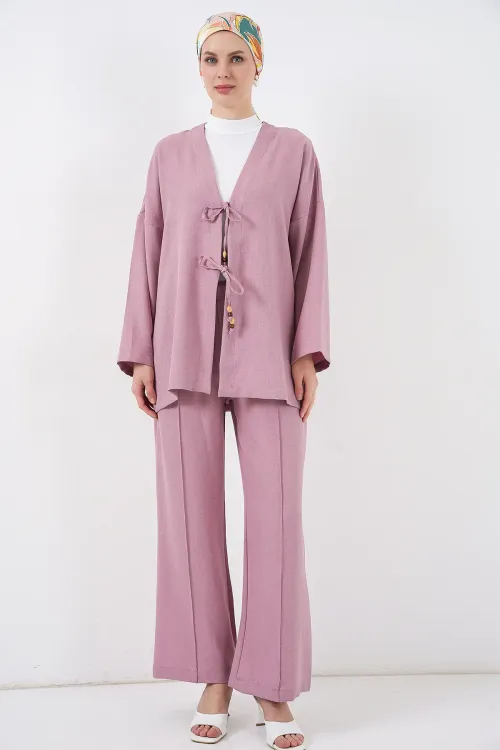 Kadın Keten Kimono İkili Takım 6727 - Gül Kurusu