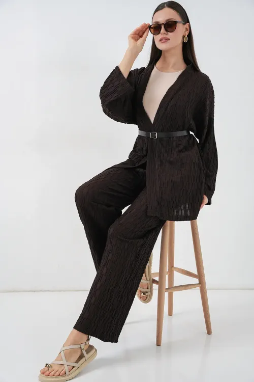 Kadın Kimono Pantolon İkili Takım 30078 - Kahverengi