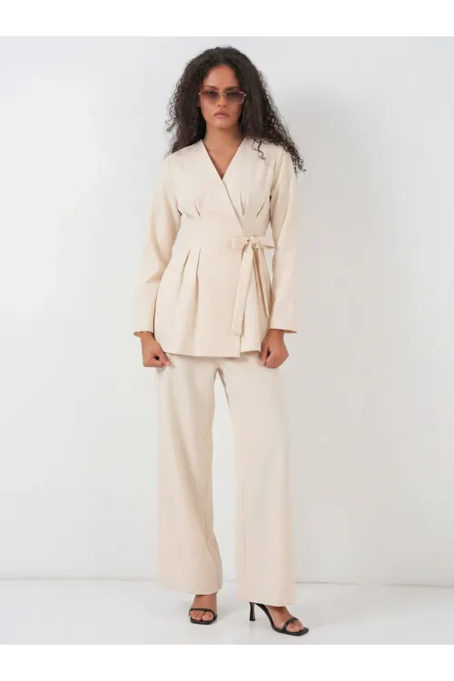 Kadın Kimono Pantolon Kumaş Takım 30054 - Bej