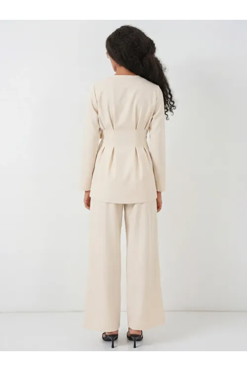 Kadın Kimono Pantolon Kumaş Takım 30054 - Bej