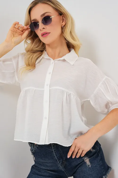 Kadın Kısa Kol Crop Gömlek 20335 - Beyaz