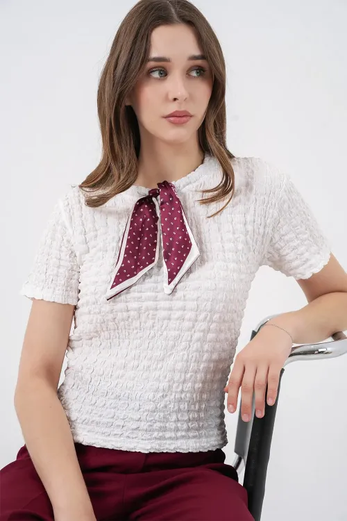 Kadın Kısa Kol Fularlı Örme Bluz 981 - Beyaz