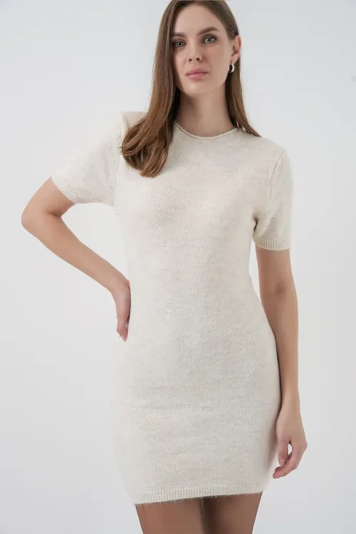Kadın Kısa Kol Triko Elbise 15950 - Krem