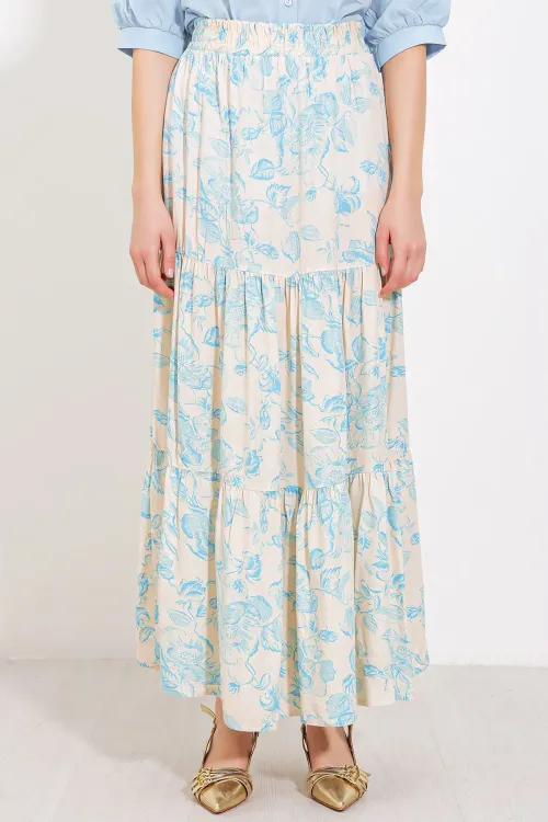 Kadın Krem Mavi Desenli Uzun Viskon Etek 1898