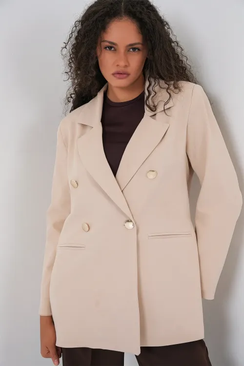 Kadın Kruvaze Yaka Blazer Ceket 0722 - Krem