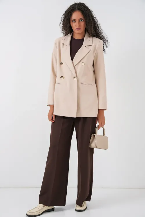 Kadın Kruvaze Yaka Blazer Ceket 0722 - Krem