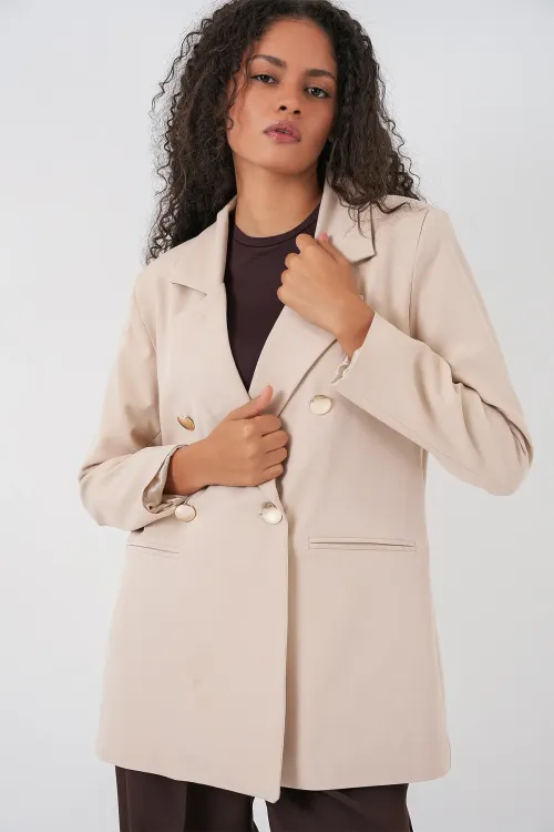 Kadın Kruvaze Yaka Blazer Ceket 0722 - Krem