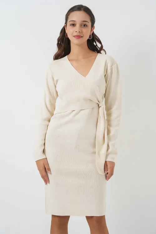 Kadın Kruvaze Yaka Triko Elbise 15928 - Ekru