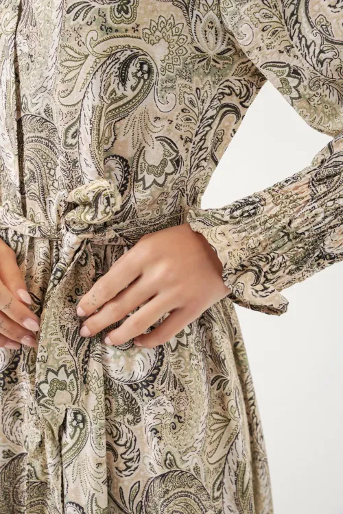 Kadın Kuşaklı Tesettür Elbise 2589 - Bej